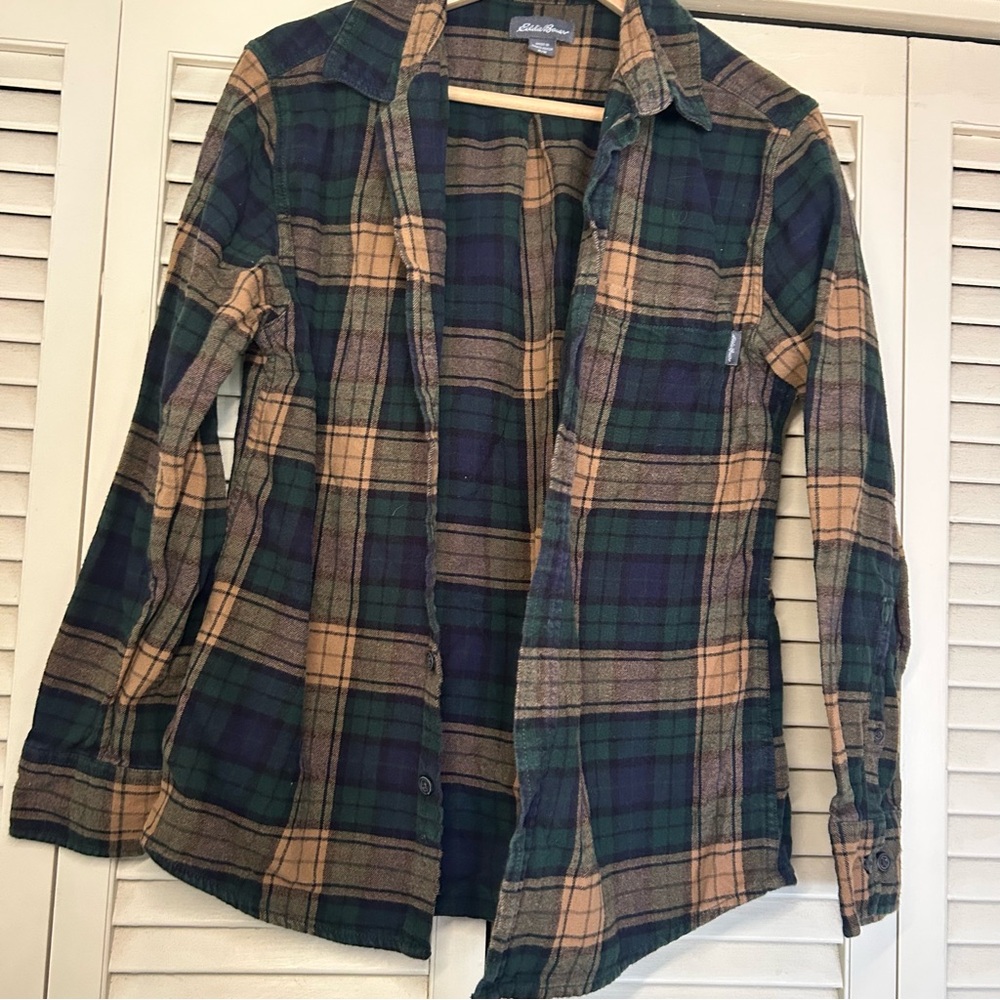 Eddie Bauer Plaid Button-Up Shirt in Green and Tan